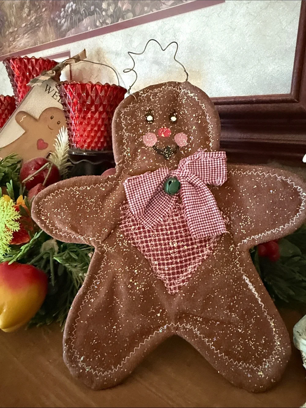 Vintage Handmade Brown Gingerbread Ornament with Red Gingham Bow